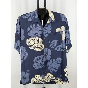 Back‎ East Mens Hawaiian Shirt Navy Blue Tropical Monstera Hibiscus Rayon M